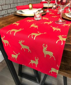 red and gold stag christmas table runner