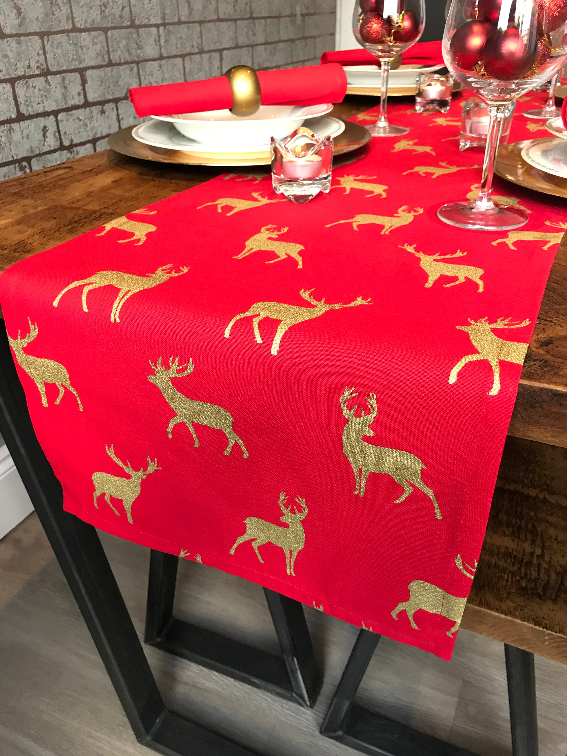 red and gold stag christmas table runner