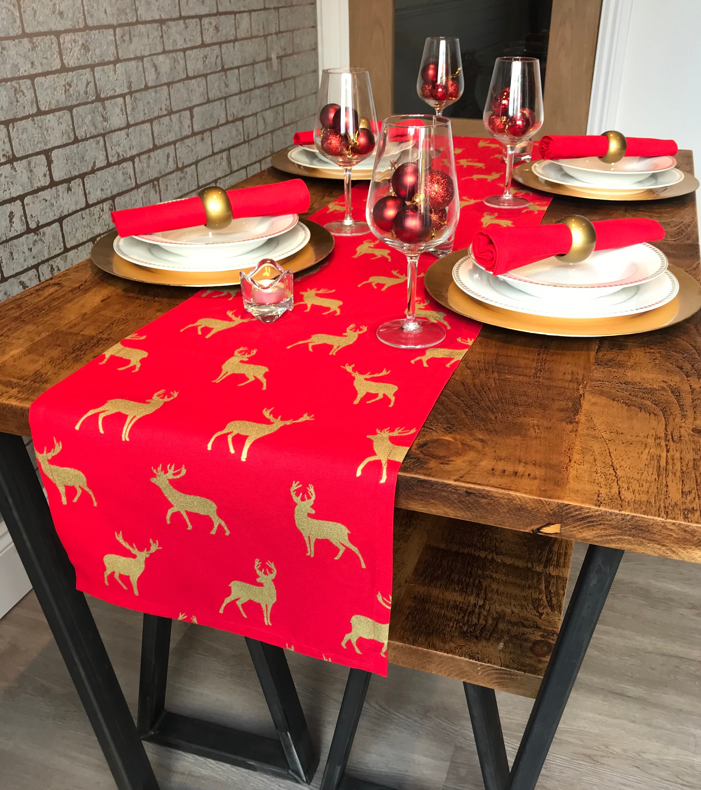 red and gold stag christmas table runner