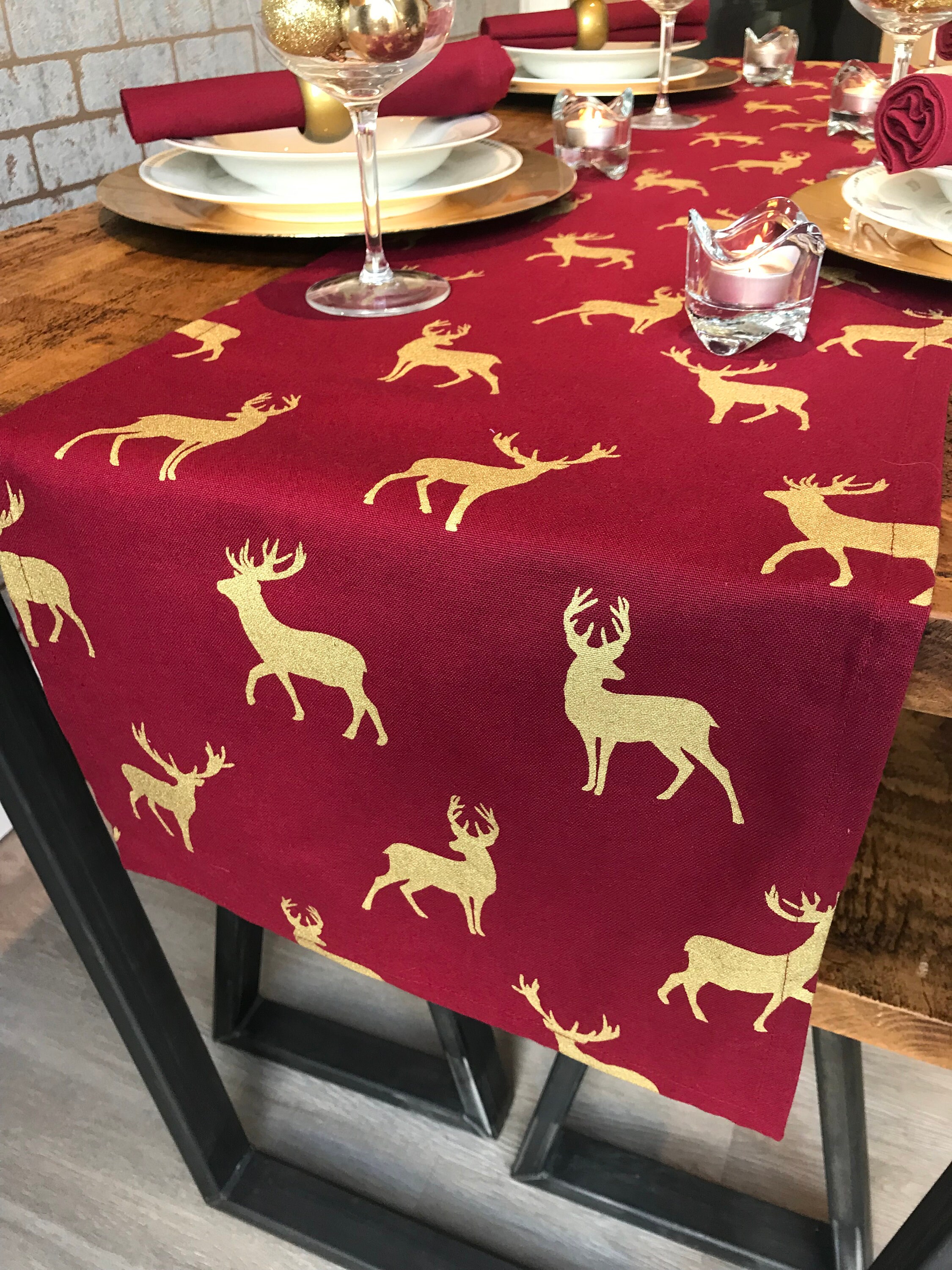 wine and gold stag christmas table runner