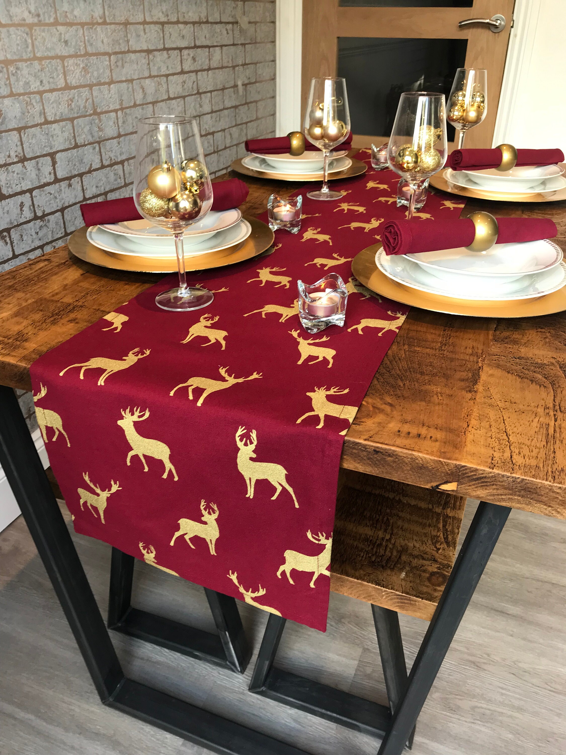 wine and gold stag christmas table runner